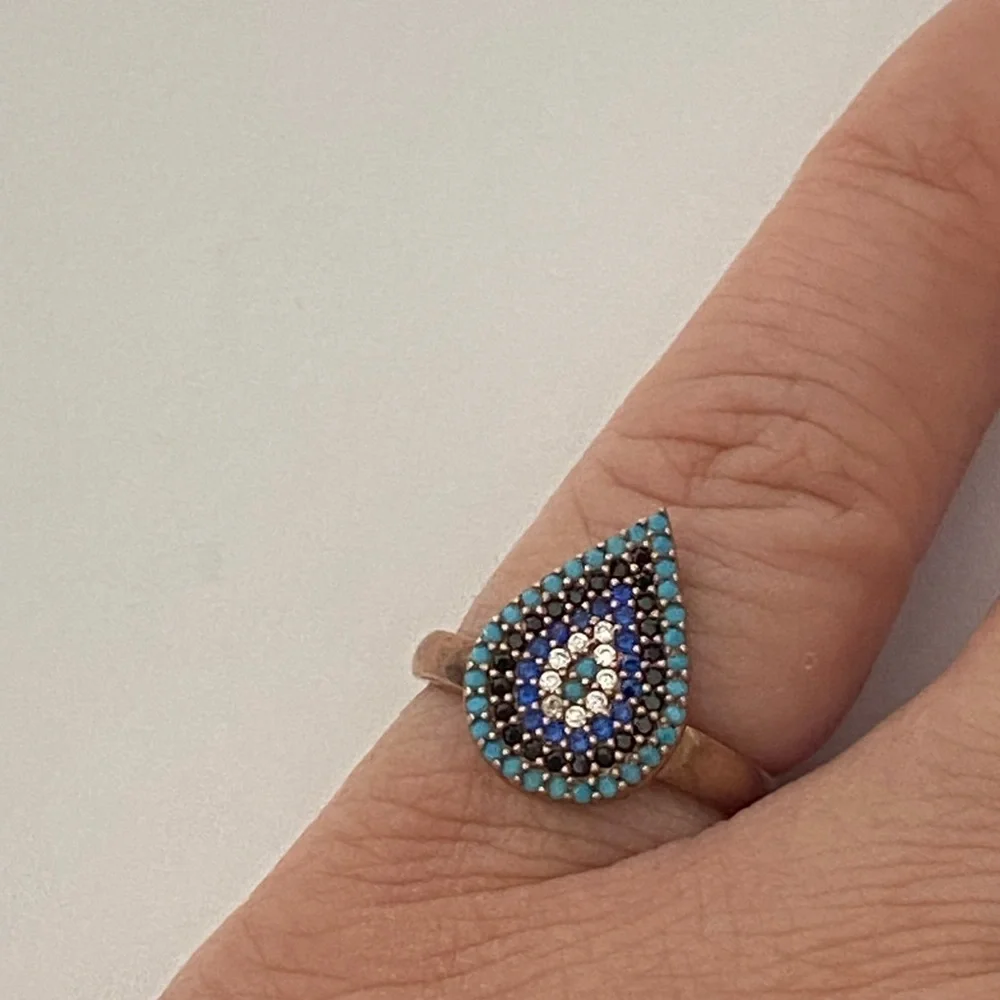 🧿 925 Silver ring drop evil eye cz turquoise stones 14k rose gold plated